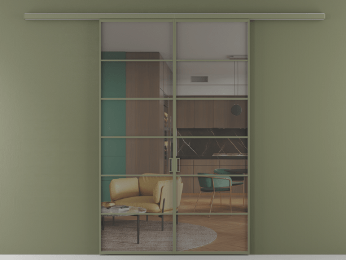 Перегородка Формато вдоль стены 2 створки АЛПР 040.04 Алюминий оливковый тёмный Прозрачное серое стекло, триплекс Цена 1566054 ₸ | Volhovec