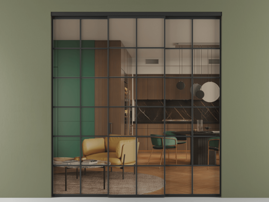 Перегородка Formato внутри проёма 3 створки АЛПР 040.05 Алюминий Черный Прозрачное бронзовое стекло, триплекс Цена 1600310 ₸ | Volhovec