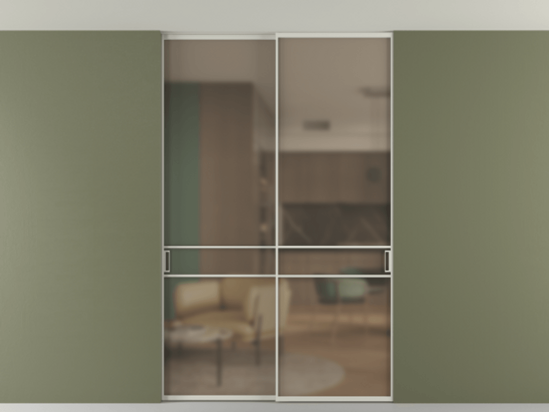 Перегородка Формато внутри проёма скрытое крепление в потолок 2 створки АЛПР 040.02 Алюминий тёплый серый Сатинированное бронзовое стекло, триплекс Цена 1876505 ₸ | Volhovec