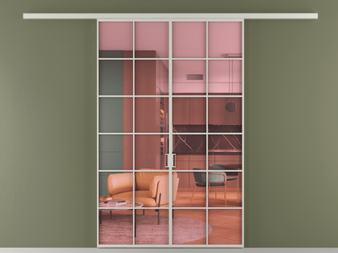 Перегородка Формато вдоль стены 2 створки АЛПР 040.05 Алюминий тёплый серый Прозрачное розовое стекло, триплекс Цена 1566054 ₸ | Volhovec