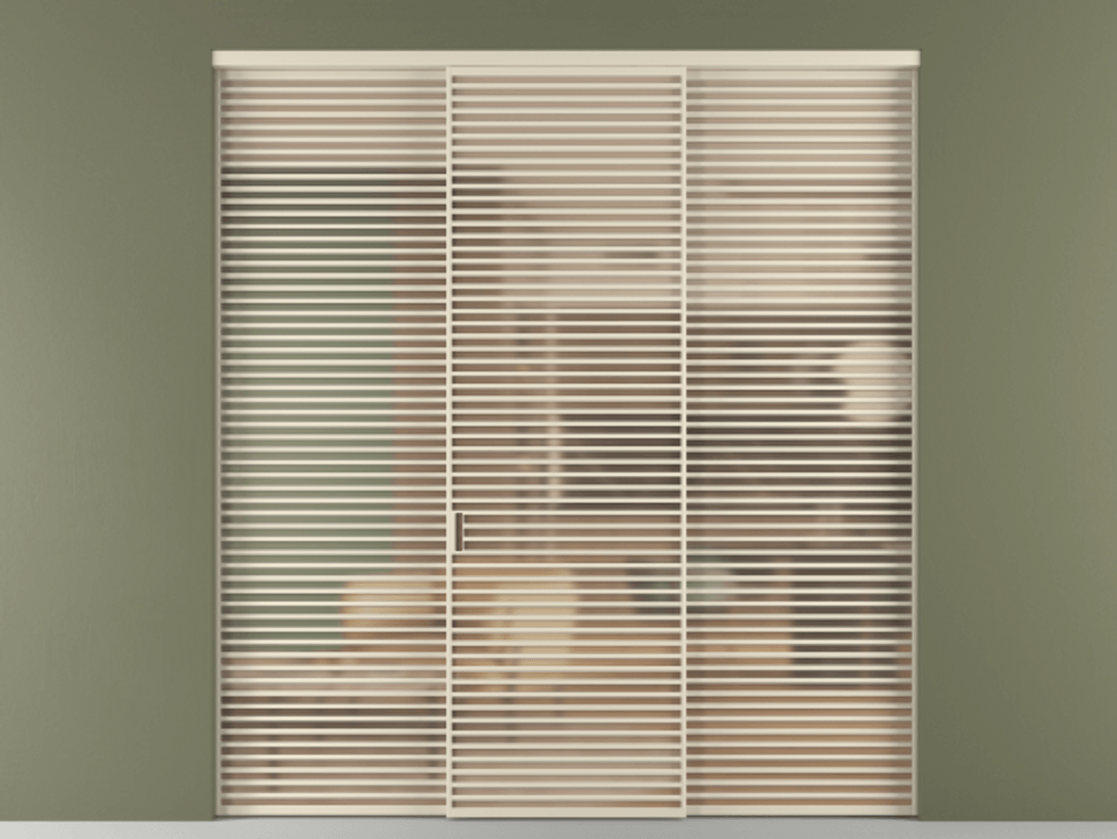 Межкомнатная дверь New Перегородка Formato внутри проёма трёхстворчатая АЛПР 040.07 Алюминий бежево-серый Сатинированное оранжевое стекло, триплекс Цена 3018500  | Volhovec