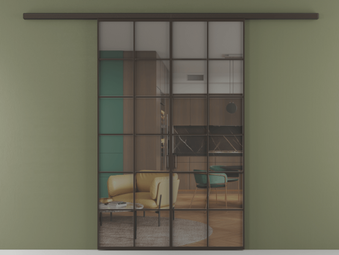 Перегородка Формато вдоль стены 2 створки АЛПР 040.05 Алюминий антрацит Прозрачное серое стекло, триплекс Цена 1566054 ₸ | Volhovec