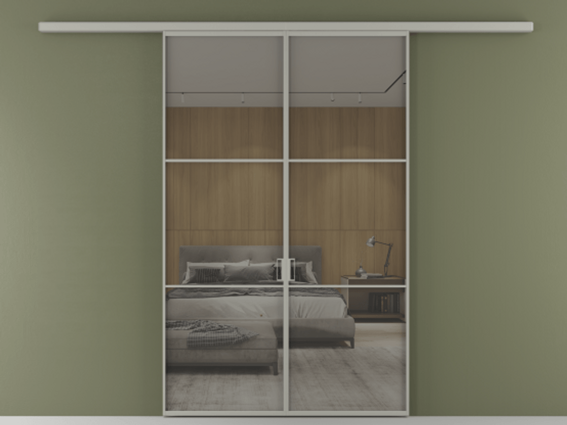 Перегородка Formato вдоль стены 2 створки АЛПР 040.03 Алюминий нейтральный серый Рефлективное серое стекло "Stopsol", калёное Цена 1882440 ₸ | Volhovec