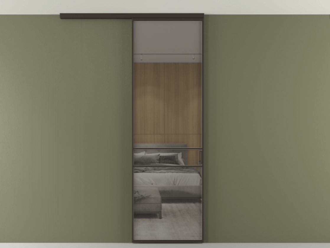 Перегородка Формато вдоль стены на потолок 1 створка АЛПР 040.02 Алюминий антрацит Рефлективное серое стекло "Стопсол", калёное Цена 948856 ₸ | Volhovec