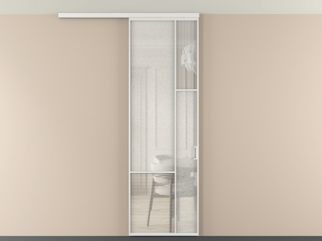 Перегородка Mosaic вдоль стены на потолок 1 створка АЛПР 041.12 Алюминий белоснежный Рифлёное стекло "Дюна", триплекс, 6 мм + Фактурное стекло "Лёд", триплекс Цена 892570 ₸ | Volhovec