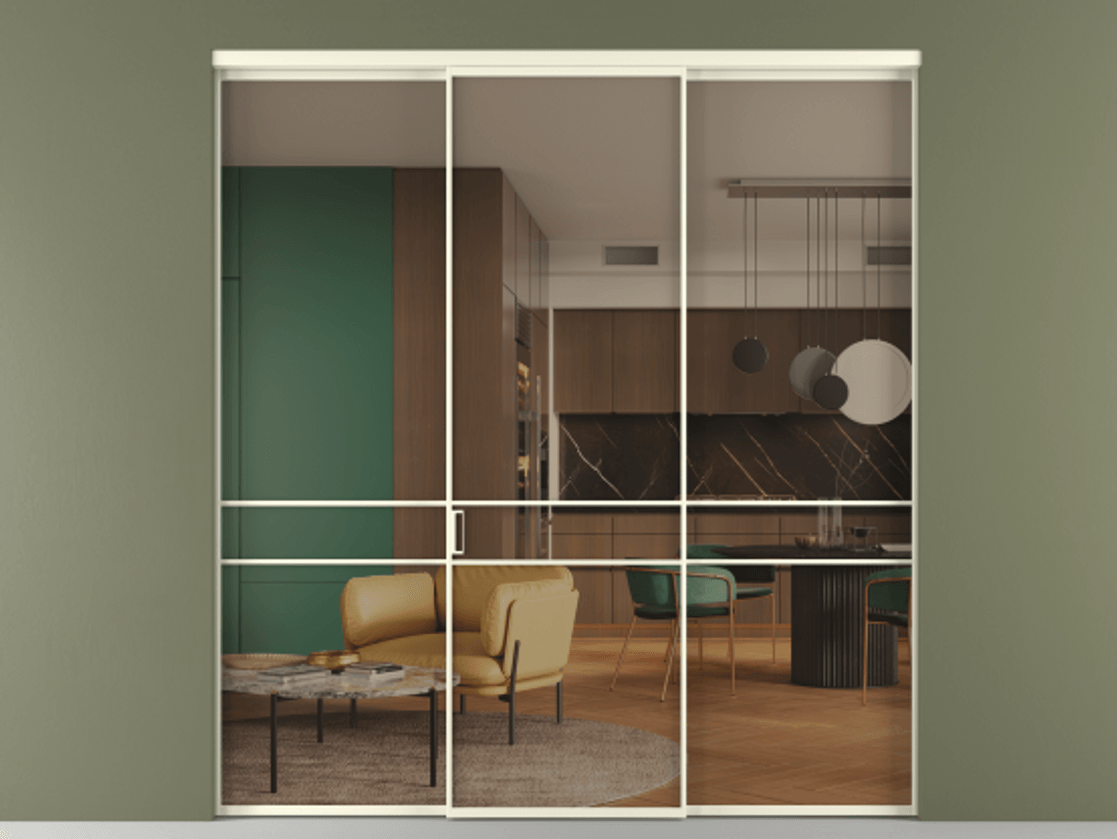 Перегородка Formato внутри проёма 3 створки АЛПР 040.02 Алюминий молочно-белый Прозрачное бронзовое стекло, триплекс Цена 1550890 ₸ | Volhovec