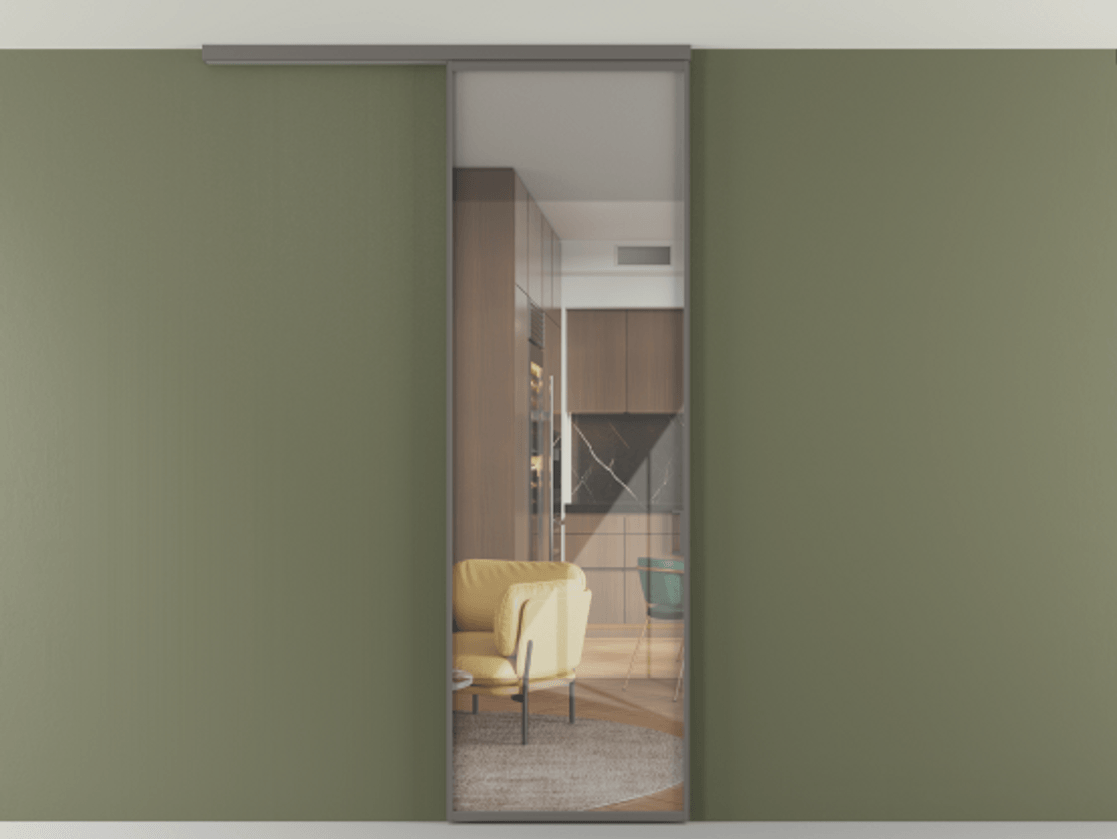 Перегородка Формато вдоль стены на потолок 1 створка АЛПР 040.01 Алюминий классический серый Рефлективное прозрачное стекло "Стопсол", калёное Цена 775928 ₸ | Volhovec