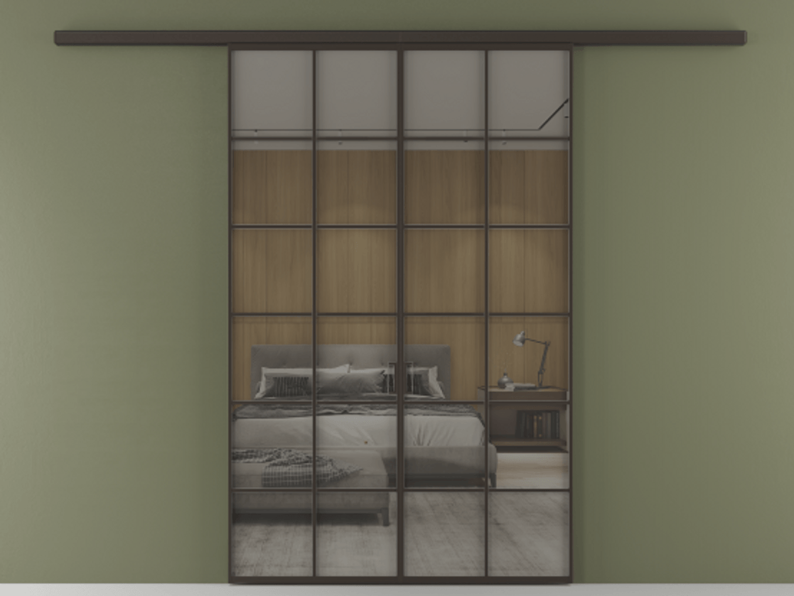 Перегородка Формато вдоль стены 2 створки АЛПР 040.05 Алюминий антрацит Рефлективное серое стекло "Стопсол", калёное Цена 2000376 ₸ | Volhovec