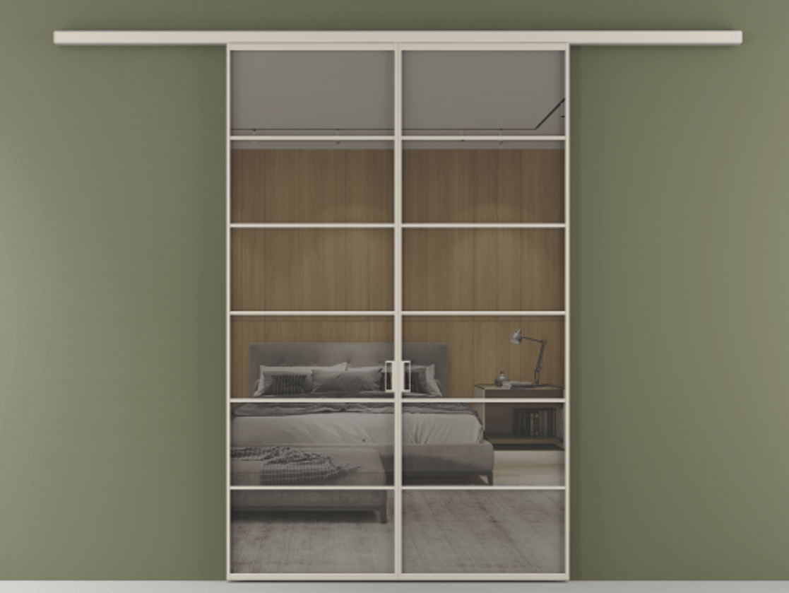 Перегородка Формато вдоль стены 2 створки АЛПР 040.04 Алюминий светло-бежевый Рефлективное серое стекло "Стопсол", калёное Цена 2000376 ₸ | Volhovec