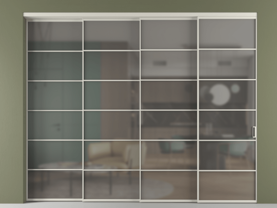 Перегородка Formato внутри проёма 4 створки с синхронным механизмом АЛПР 040.04 Алюминий тёплый серый Сатинированное серое стекло, триплекс Цена 3569076 ₸ | Volhovec