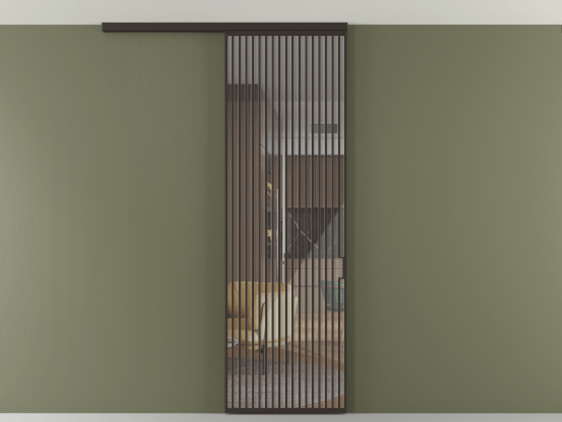 Перегородка Формато вдоль стены на потолок 1 створка АЛПР 040.06 Алюминий антрацит Рефлективное прозрачное стекло "Стопсол", калёное Цена 1463828 ₸ | Volhovec