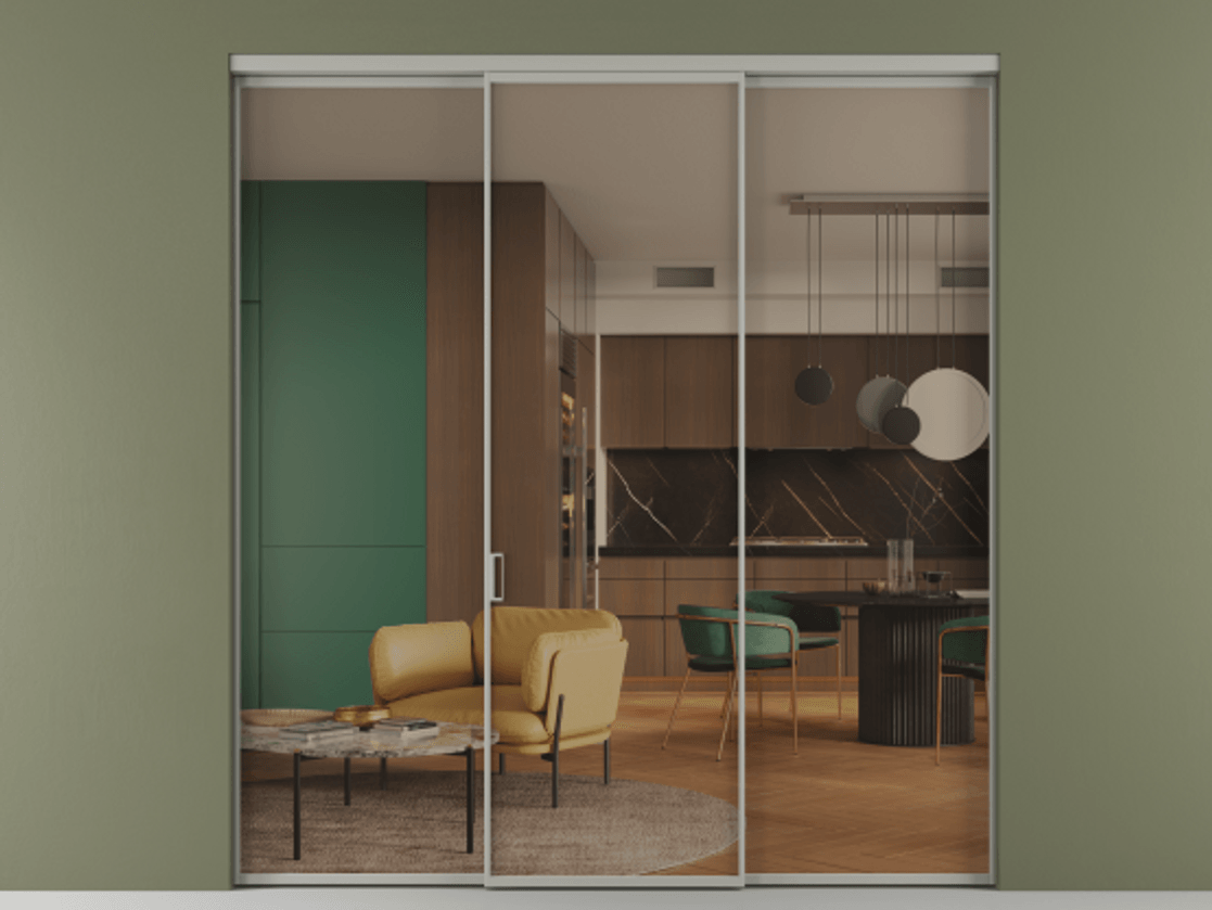 Перегородка Формато внутри проёма 3 створки АЛПР 040.01 Алюминий нейтральный серый Прозрачное бронзовое стекло, триплекс Цена 1701945 ₸ | Volhovec