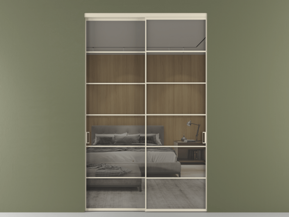 Перегородка Formato внутри проёма 2 створки АЛПР 040.04 Алюминий бежево-серый Рефлективное серое стекло "Stopsol", калёное Цена 3733884 ₸  | Volhovec