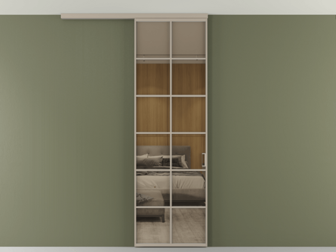 Перегородка Формато вдоль стены на потолок 1 створка АЛПР 040.05 Алюминий бисквитный Рефлективное бронзовое стекло "Стопсол", калёное Цена 863745 ₸ | Volhovec