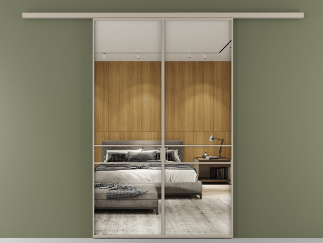 Перегородка Formato вдоль стены 2 створки АЛПР 040.02 Алюминий бисквитный Двустороннее зеркало, триплекс , триплекс 6 мм Цена 1761480 ₸ | Volhovec