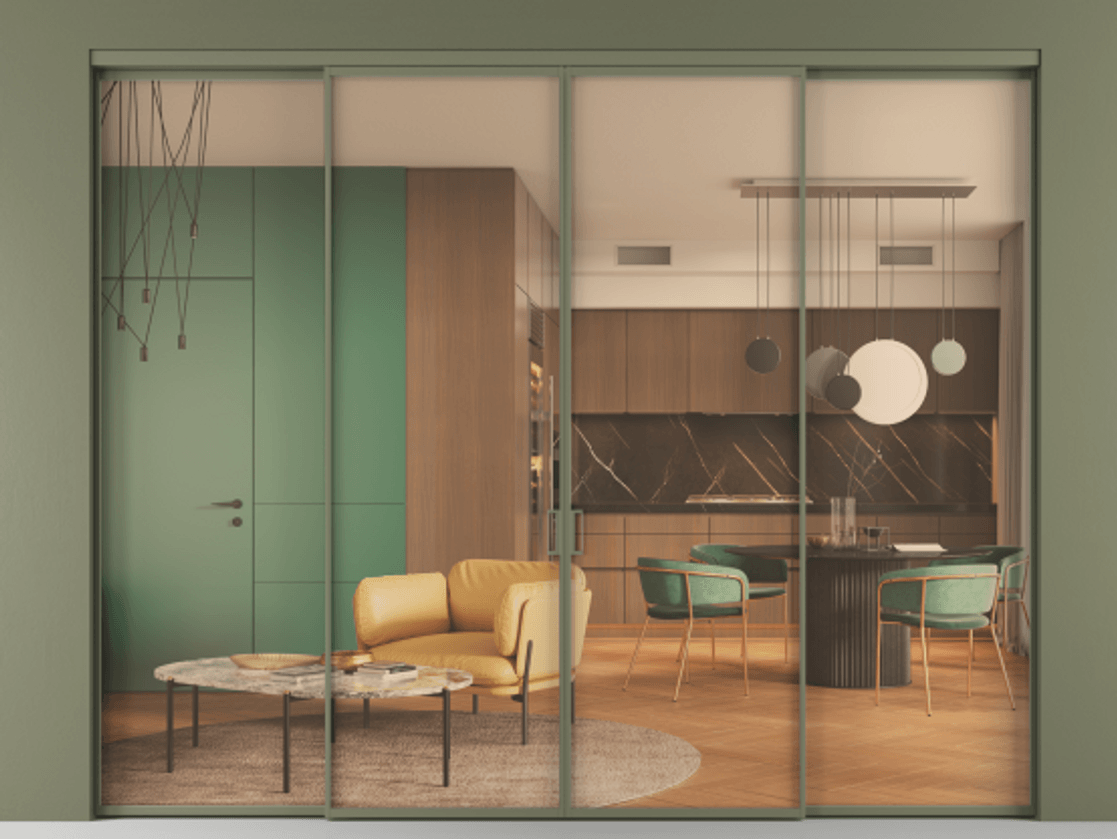 Перегородка Формато внутри проёма 4 створки АЛПР 040.01 Алюминий оливковый тёмный Прозрачное оранжевое стекло, триплекс Цена 2417990 ₸  | Volhovec