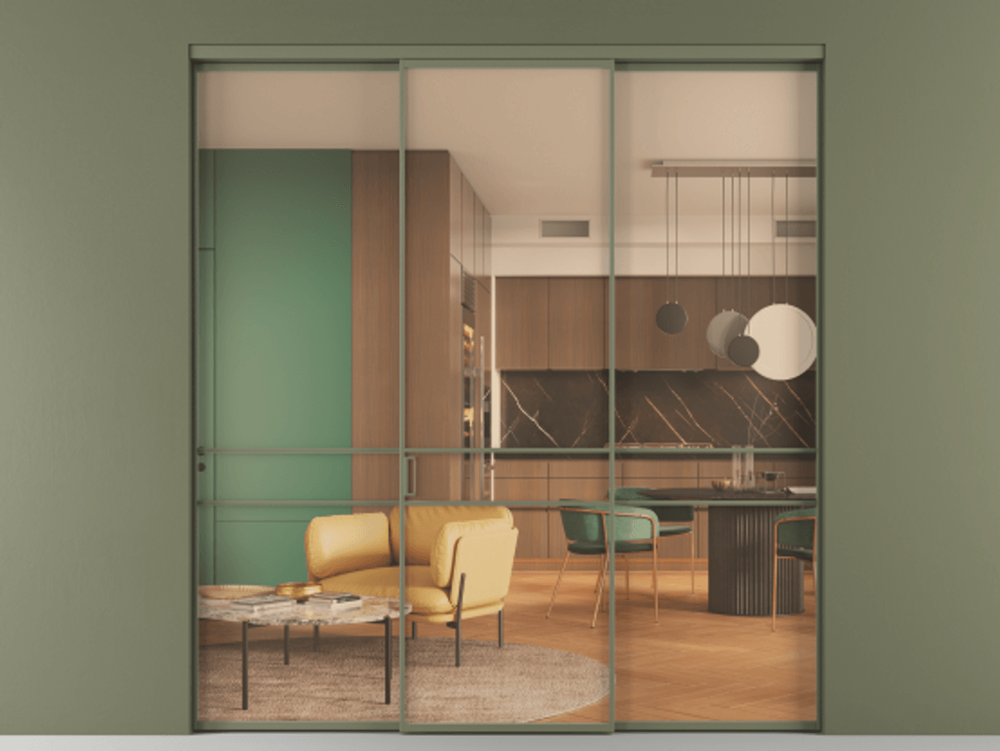 Перегородка Formato внутри проёма 3 створки АЛПР 040.02 Алюминий оливковый тёмный Прозрачное оранжевое стекло, триплекс Цена 1793799 ₸ | Volhovec