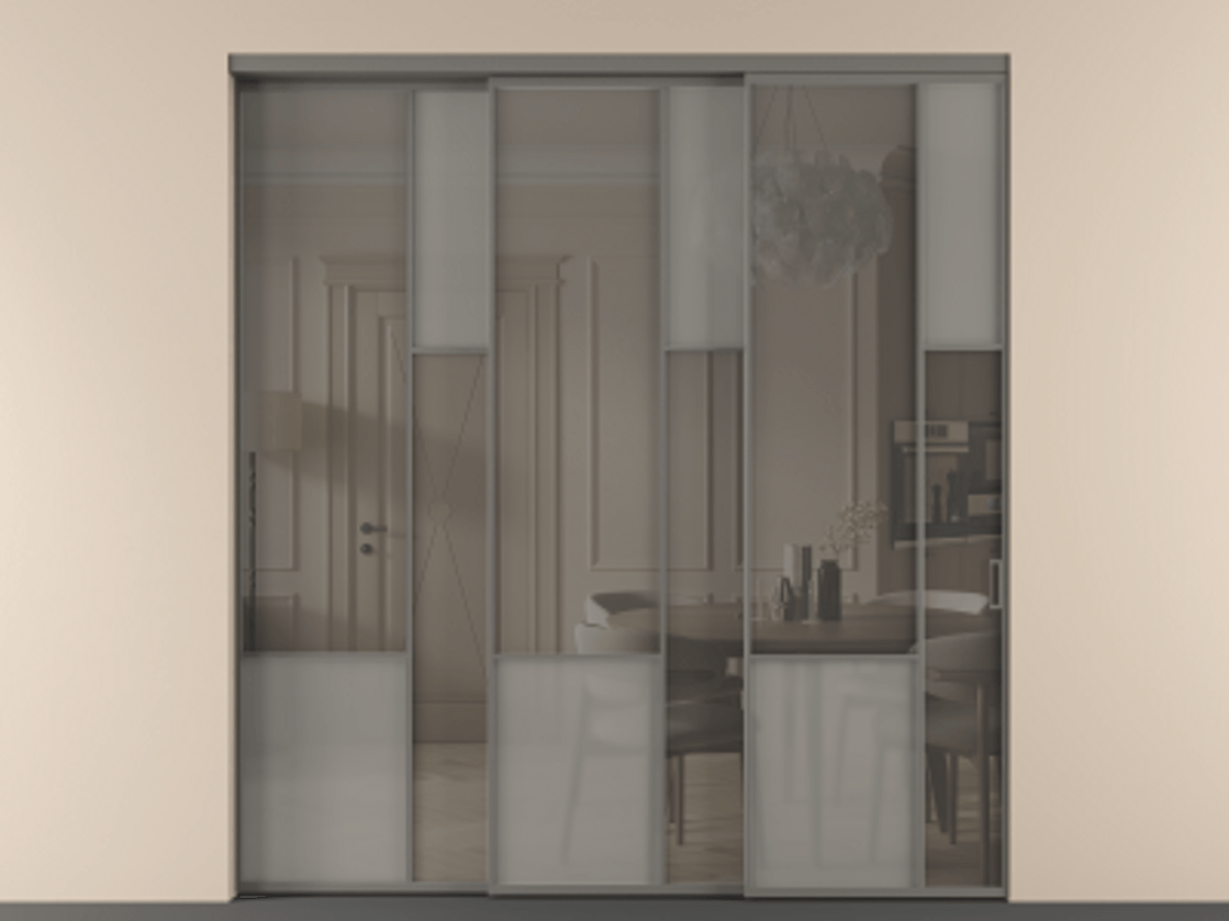 Перегородка Мозаик внутри проёма 3 створки с синхронным механизмом АЛПР 041.12 Алюминий классический серый Сатинированное серое стекло, триплекс, 6 мм + Прозрачное серое стекло, триплекс Цена 3306668 ₸ | Volhovec