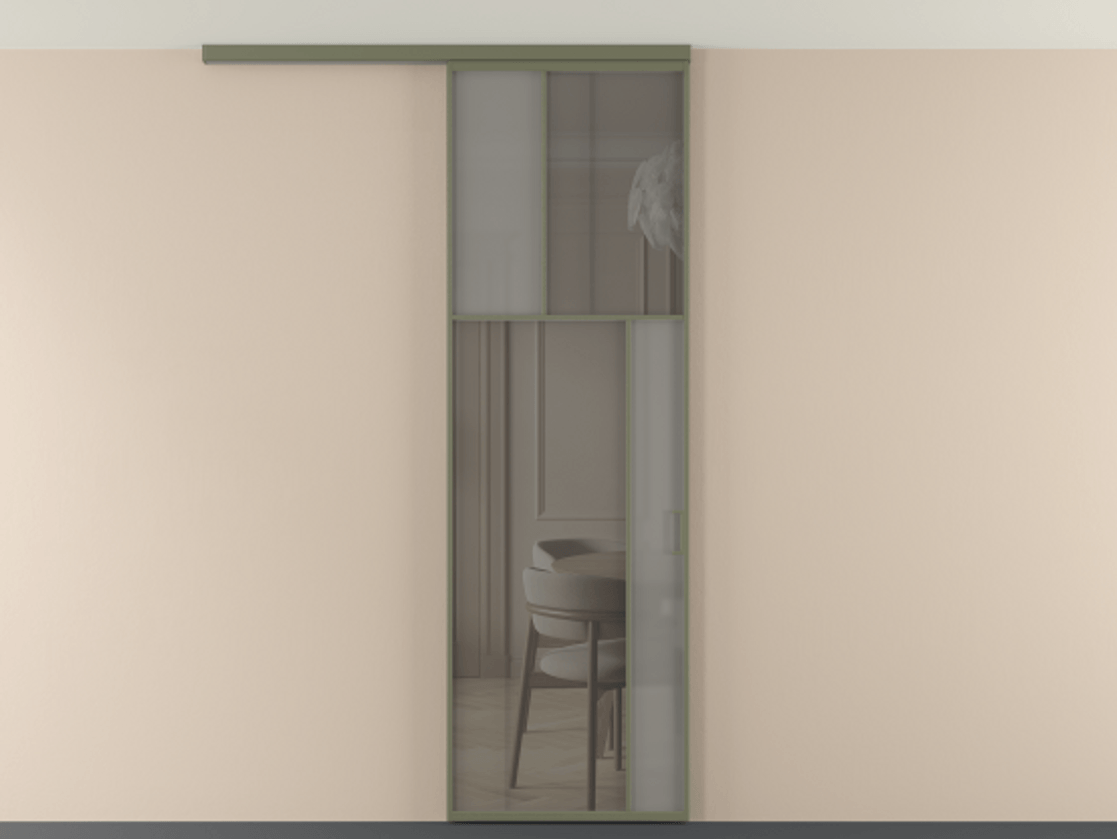 Перегородка Мозаик вдоль стены на потолок 1 створка АЛПР 041.23 Алюминий оливковый тёмный Сатинированное серое стекло, триплекс, 6 мм + Прозрачное серое стекло, триплекс Цена 1020902 ₸ | Volhovec