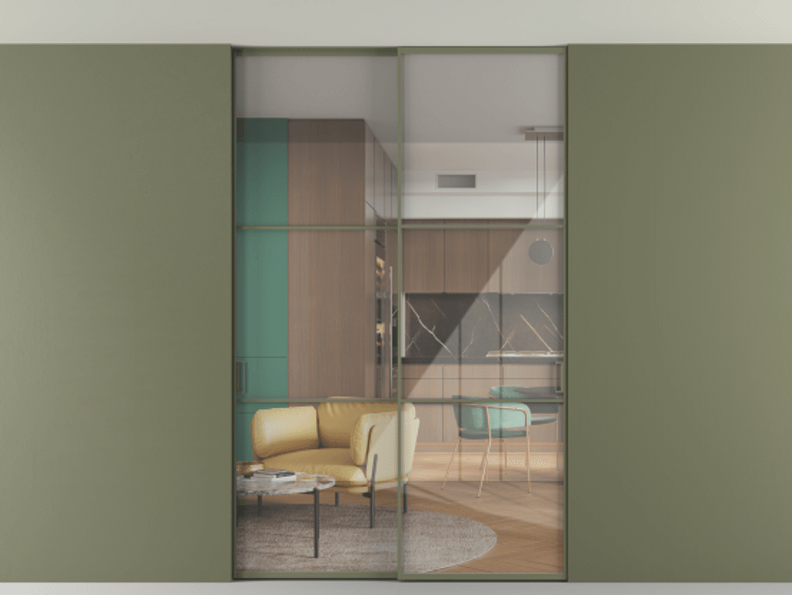 Перегородка Формато внутри проёма скрытое крепление в потолок 2 створки АЛПР 040.03 Алюминий оливковый тёмный Рефлективное прозрачное стекло "Стопсол", калёное Цена 2309731 ₸ | Volhovec