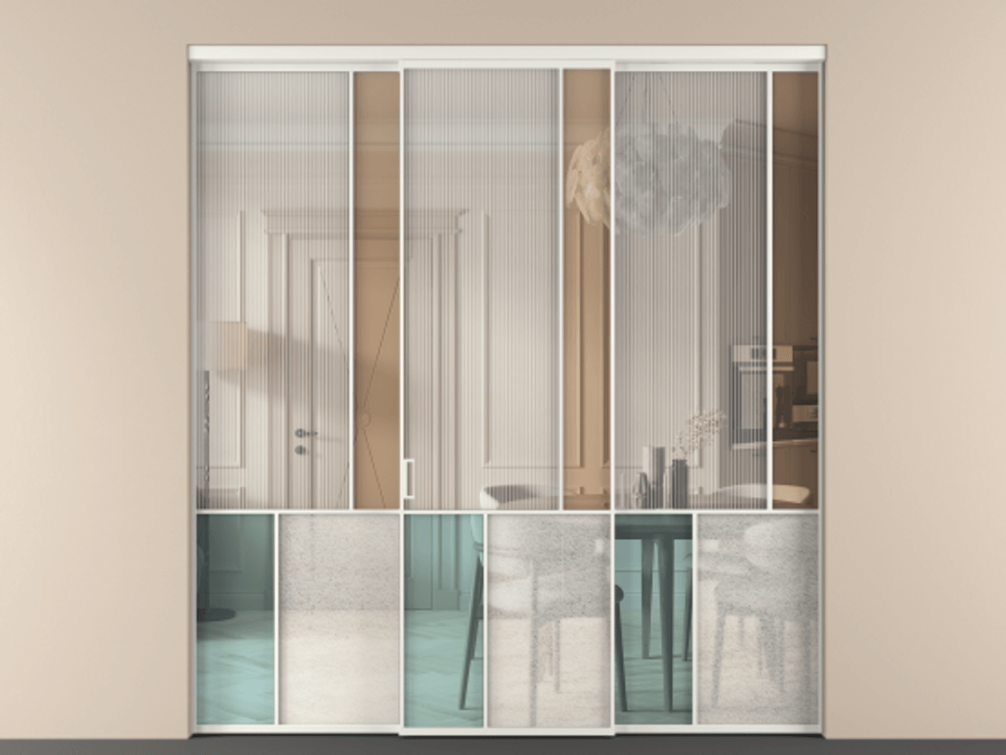 Перегородка Mosaic внутри проёма 3 створки АЛПР 041.21 Алюминий светло-серый Комбинация стекол Группы 1 и Группы 3 Цена 2242600 ₸ | Volhovec