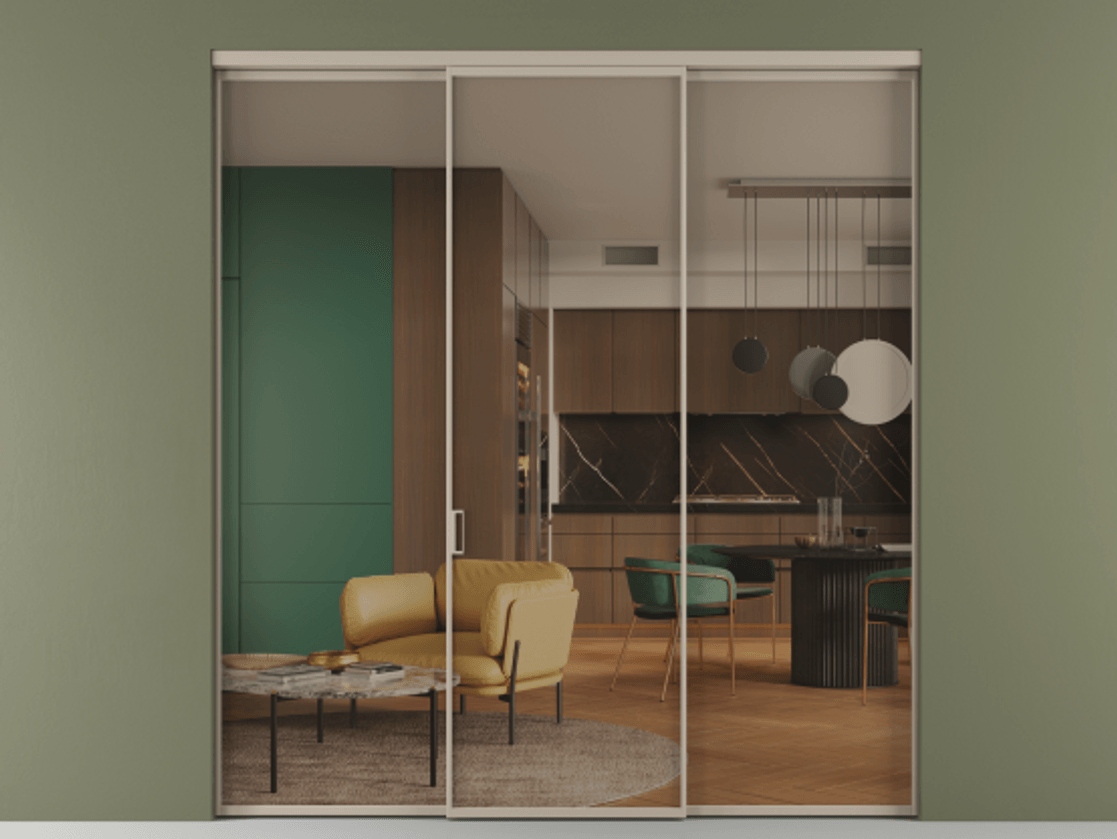 Перегородка Формато внутри проёма 3 створки АЛПР 040.01 Алюминий бисквитный Прозрачное бронзовое стекло, триплекс Цена 1701945 ₸ | Volhovec