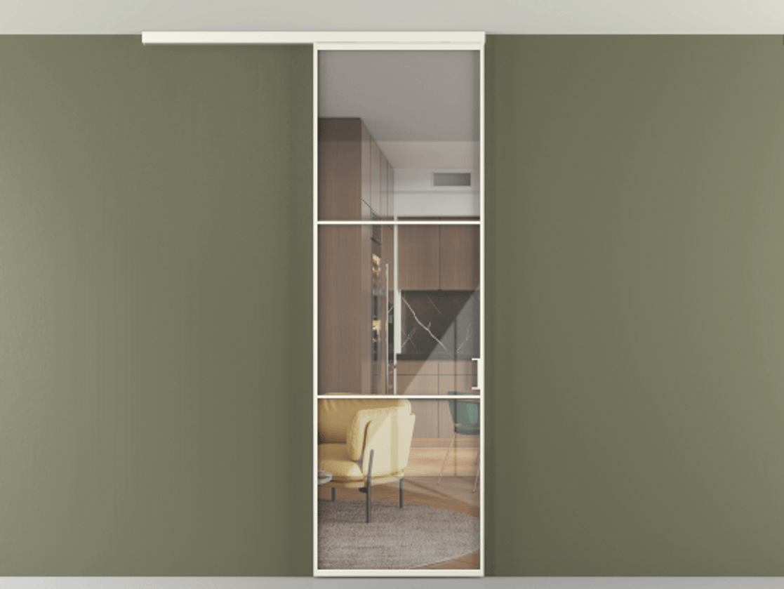 Перегородка Формато вдоль стены на потолок 1 створка АЛПР 040.03 Алюминий жемчужный Рефлективное прозрачное стекло "Стопсол", калёное Цена 811853 ₸ | Volhovec