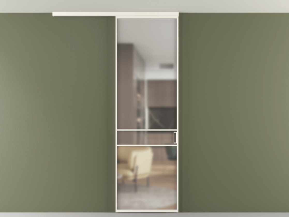 Перегородка Формато вдоль стены на потолок 1 створка АЛПР 040.02 Алюминий пудровый белый Сатинированное стекло "Мателюкс Кристал Вижн", калёное, матовое, каленое 6 мм Цена 948856 ₸ | Volhovec