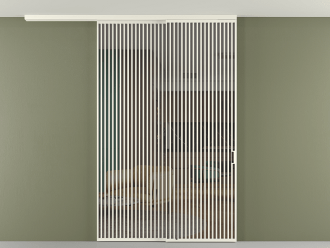 Перегородка Формато вдоль стены на потолок 2 створки с синхронным механизмом АЛПР 040.06 Алюминий жемчужный Прозрачное серое стекло, триплекс Цена 3405447 ₸ | Volhovec