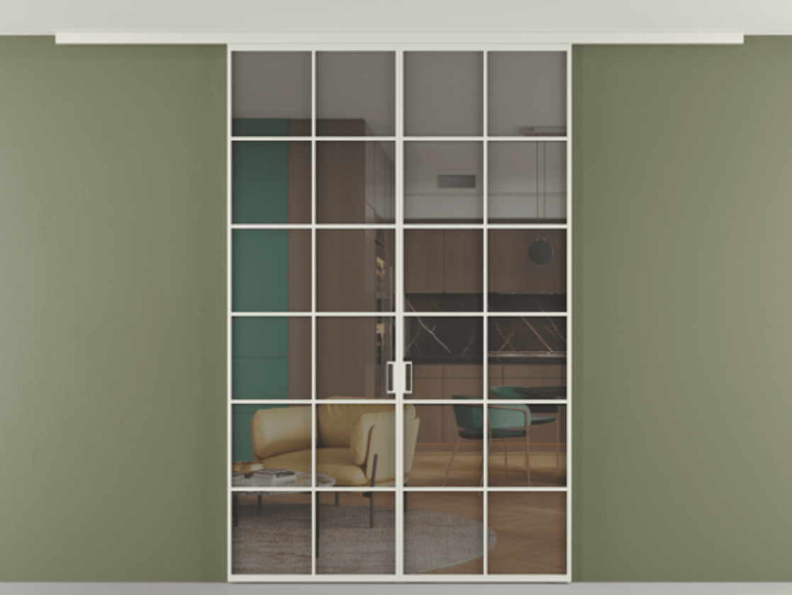 Перегородка Формато вдоль стены на потолок 2 створки АЛПР 040.05 Алюминий Белый Прозрачное серое стекло, триплекс Цена 1515508 ₸ | Volhovec