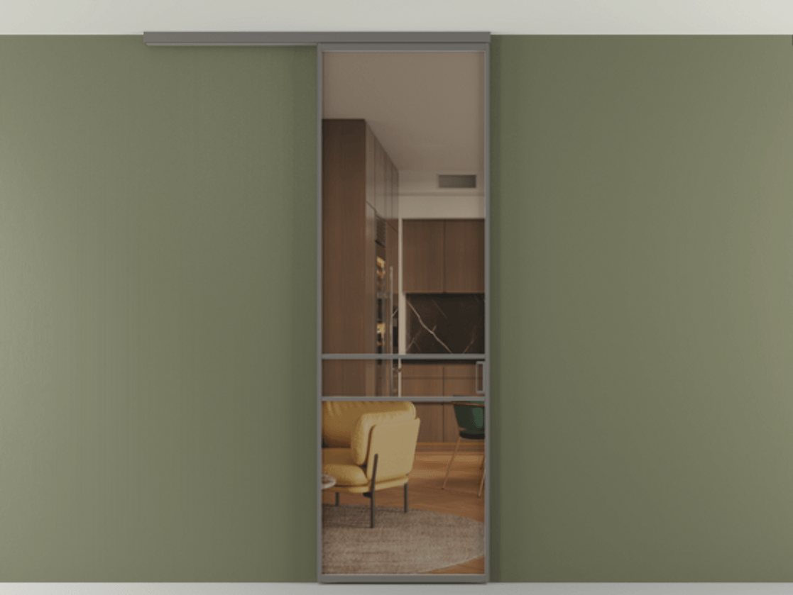 Перегородка Формато вдоль стены на потолок 1 створка АЛПР 040.02 Алюминий классический серый Прозрачное бронзовое стекло, триплекс Цена 732246 ₸ | Volhovec