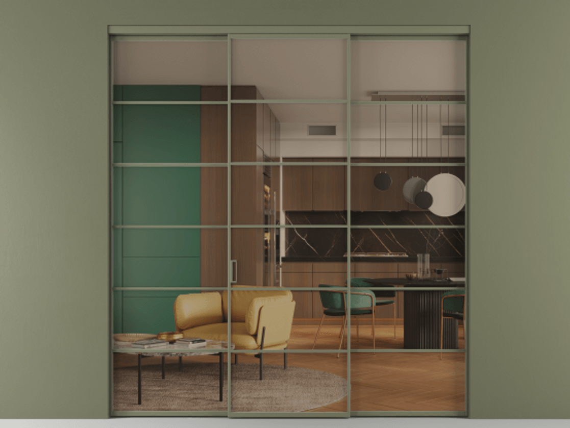 Перегородка Formato внутри проёма 3 створки АЛПР 040.04 Алюминий оливковый тёмный Прозрачное бронзовое стекло, триплекс Цена 1926477 ₸ | Volhovec