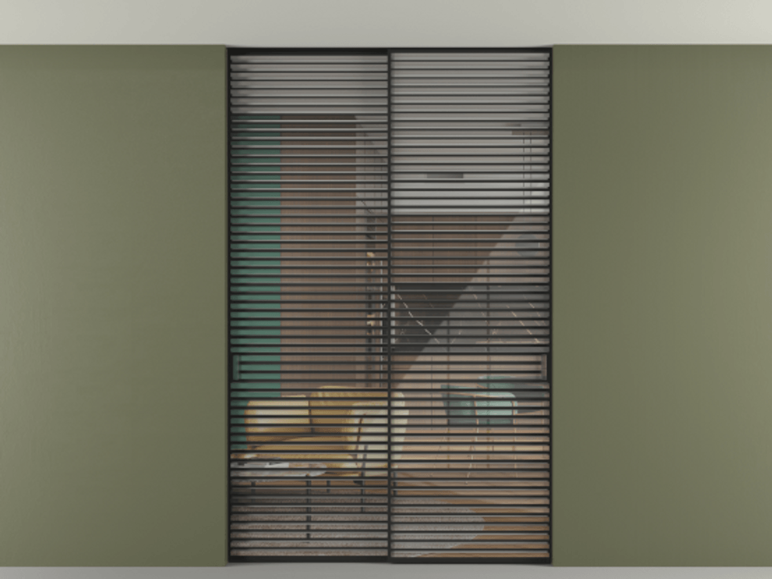 Перегородка Formato внутри проёма скрытое крепление в потолок 2 створки АЛПР 040.07 Алюминий Черный Рефлективное прозрачное стекло "Stopsol", калёное Цена 3801622 ₸ | Volhovec