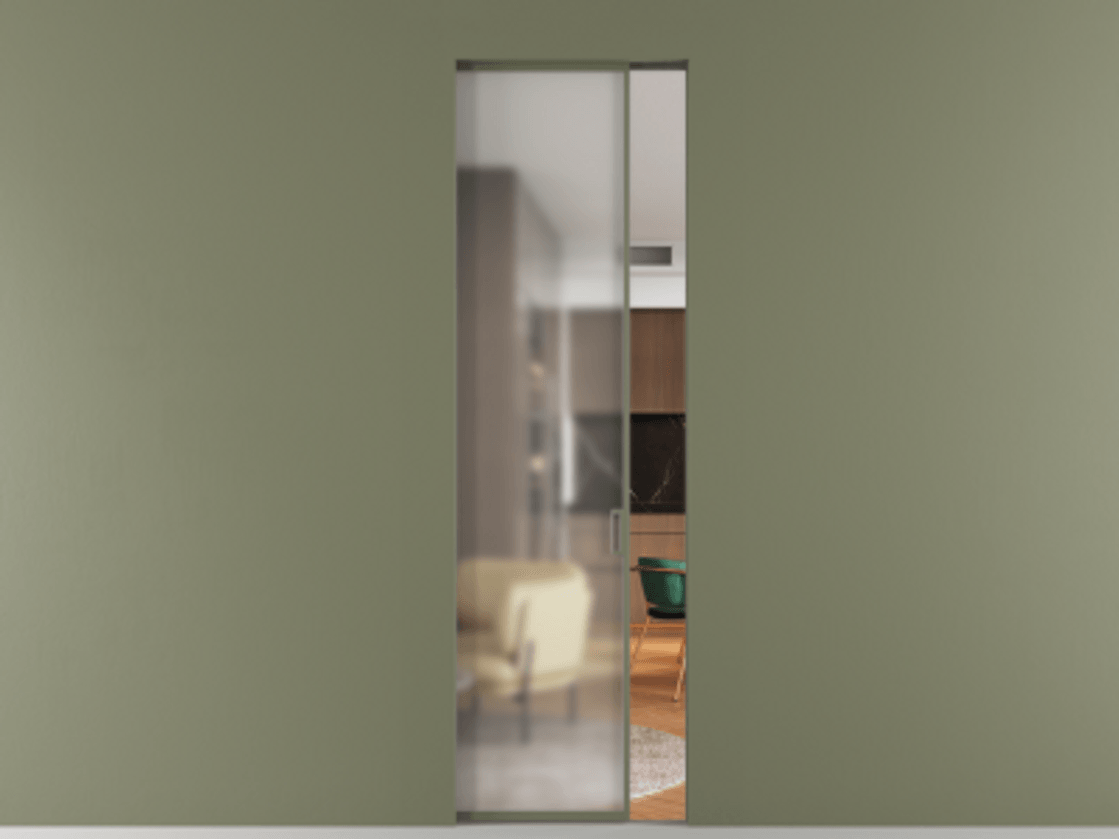 Перегородка Формато скрытый пенал 1 створка АЛПР 040.01 Алюминий оливковый тёмный Сатинированное стекло "Мателюкс Кристал Вижн", калёное, матовое, каленое 6 мм Цена 1190398 ₸ | Volhovec