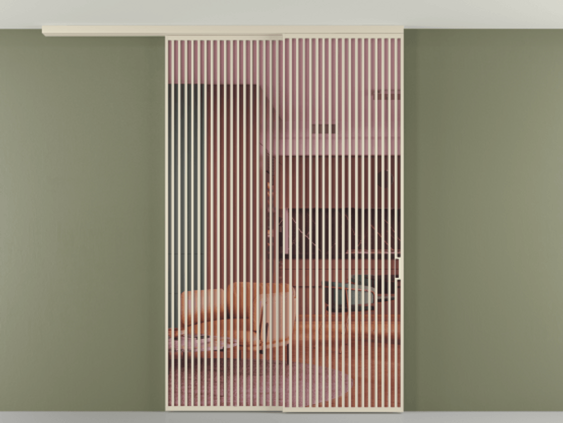 Перегородка Formato вдоль стены на потолок 2 створки с синхронным механизмом АЛПР 040.06 Алюминий бежево-серый Прозрачное розовое стекло, триплекс Цена 2810800 ₸ | Volhovec