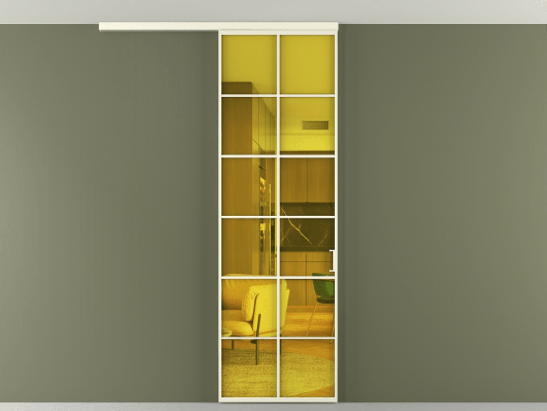 Перегородка Formato вдоль стены на потолок 1 створка АЛПР 040.05 Алюминий молочно-белый Прозрачное жёлтое стекло, триплекс Цена 673000 ₸ | Volhovec