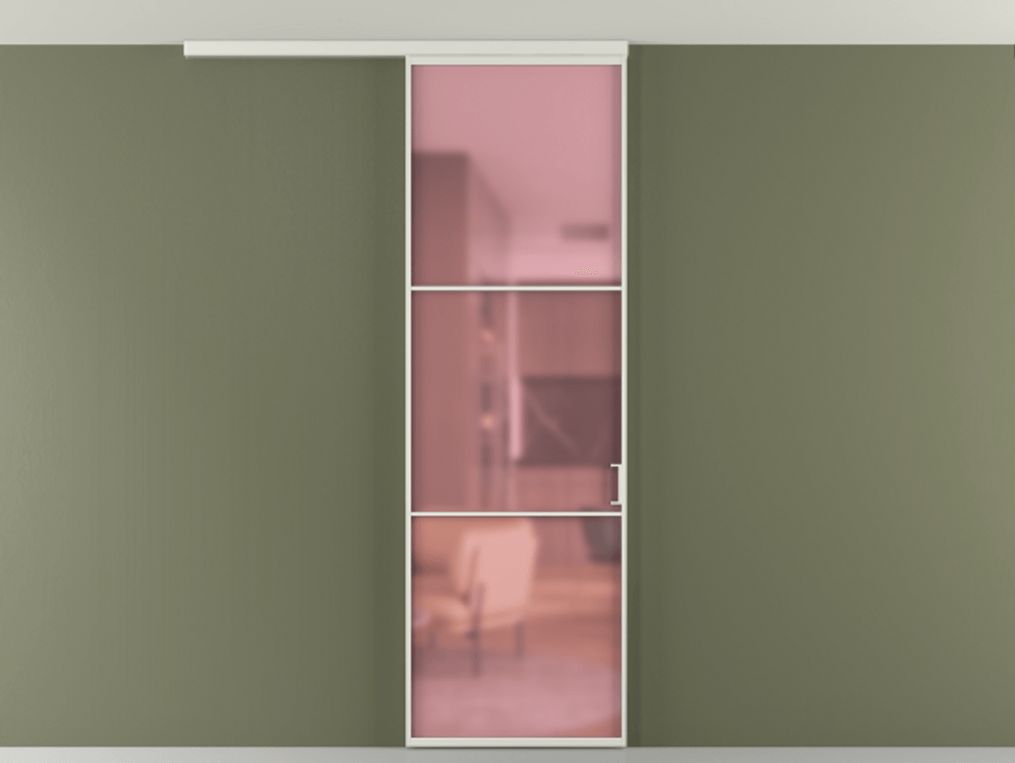 Перегородка Формато вдоль стены на потолок 1 створка АЛПР 040.03 Алюминий серый Сатинированное розовое стекло, триплекс Цена 732243 ₸ | Volhovec