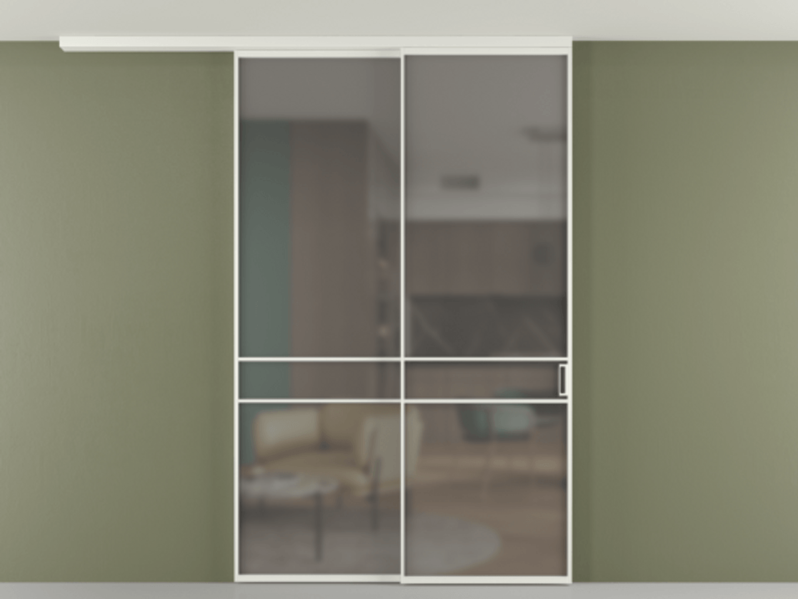 Перегородка Формато вдоль стены на потолок 2 створки с синхронным механизмом АЛПР 040.02 Алюминий светло-серый Сатинированное серое стекло, триплекс Цена 2101499 ₸ | Volhovec