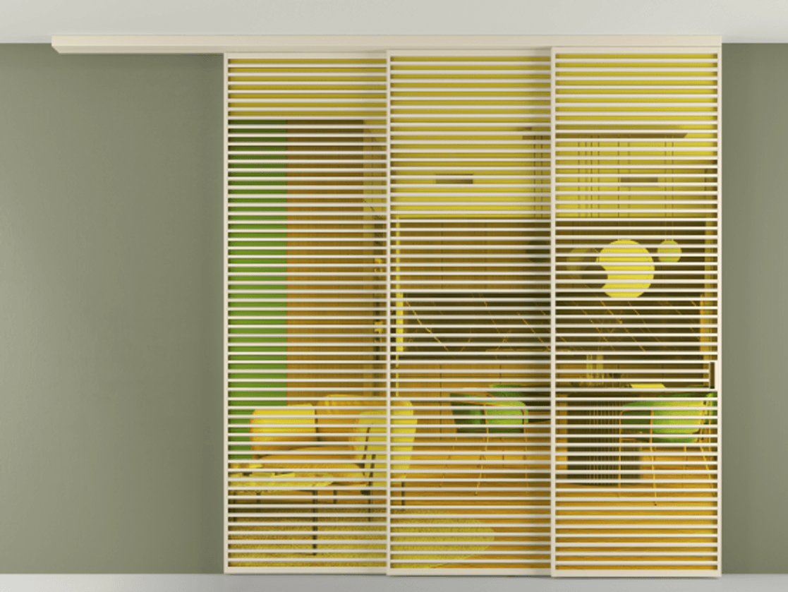 Перегородка Formato вдоль стены на потолок 3 створки с синхронным механизмом АЛПР 040.07 Алюминий бежево-серый Прозрачное жёлтое стекло, триплекс Цена 4087700 ₸ | Volhovec