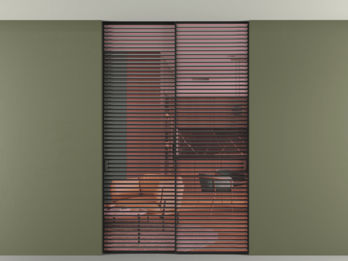 Перегородка Формато внутри проёма скрытое крепление в потолок 2 створки АЛПР 040.07 Алюминий Черный Прозрачное розовое стекло, триплекс Цена 2995423 ₸ | Volhovec