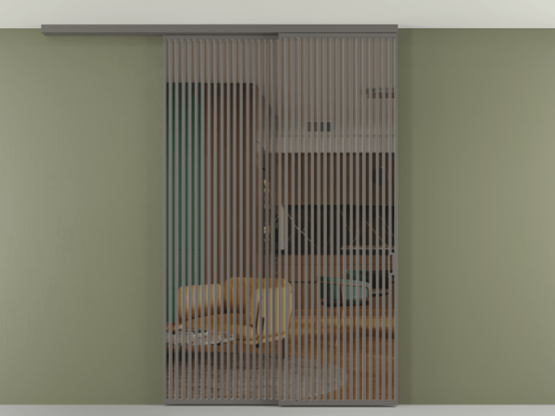 Перегородка Формато вдоль стены на потолок 2 створки с синхронным механизмом АЛПР 040.06 Алюминий классический серый Прозрачное бронзовое стекло, триплекс Цена 3405447 ₸ | Volhovec