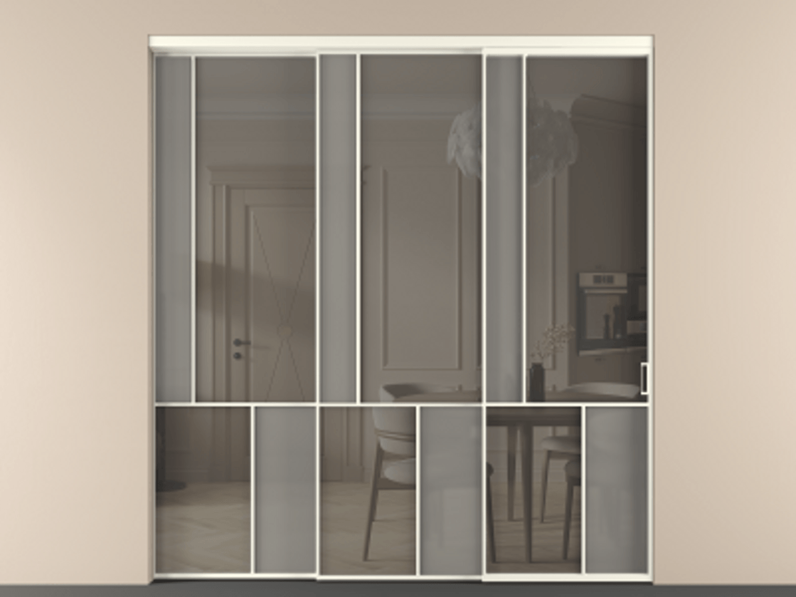 Перегородка Мозаик внутри проёма 3 створки с синхронным механизмом АЛПР 041.20  Алюминий жемчужный Сатинированное серое стекло, триплекс, 6 мм + Прозрачное серое стекло, триплекс Цена 3306668 ₸ | Volhovec