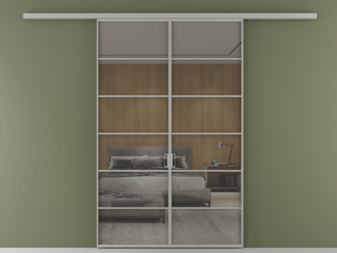 Перегородка Формато вдоль стены 2 створки АЛПР 040.04 Алюминий нейтральный серый Рефлективное серое стекло "Стопсол", калёное Цена 2000376 ₸ | Volhovec