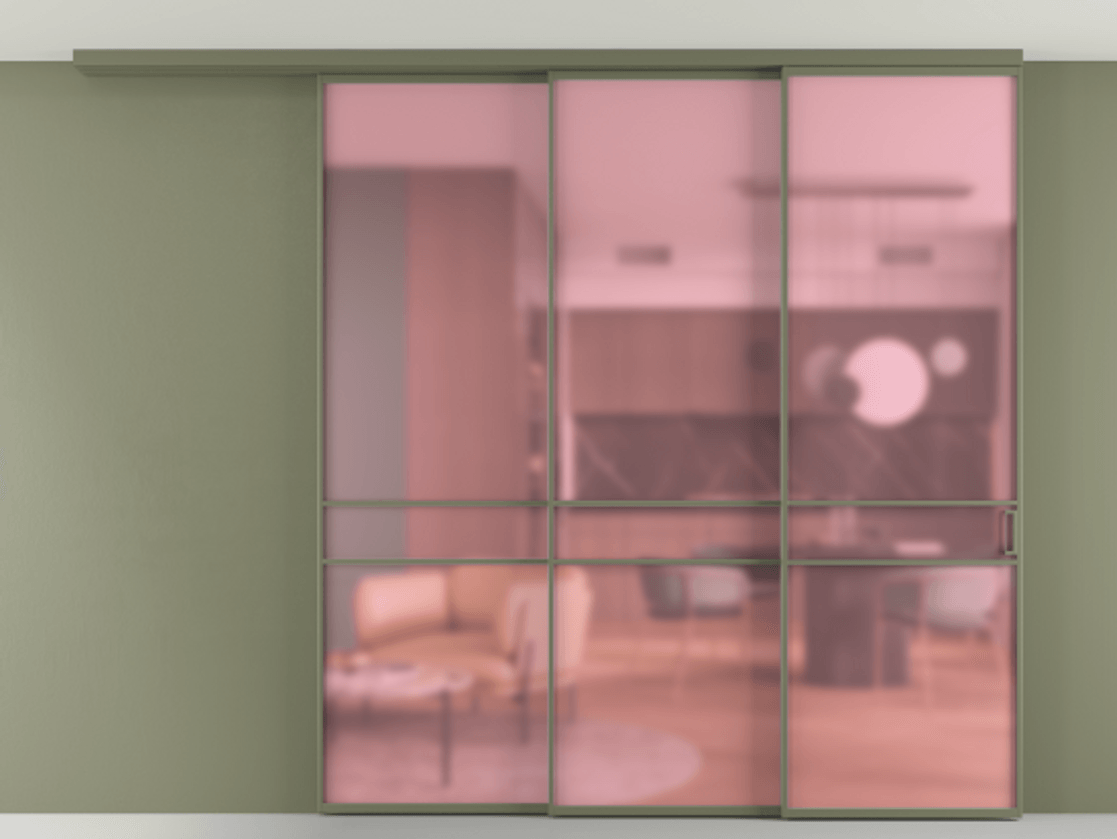 Перегородка Формато вдоль стены на потолок 3 створки с синхронным механизмом АЛПР 040.02 Алюминий оливковый тёмный Сатинированное розовое стекло, триплекс Цена 2902832 ₸ | Volhovec