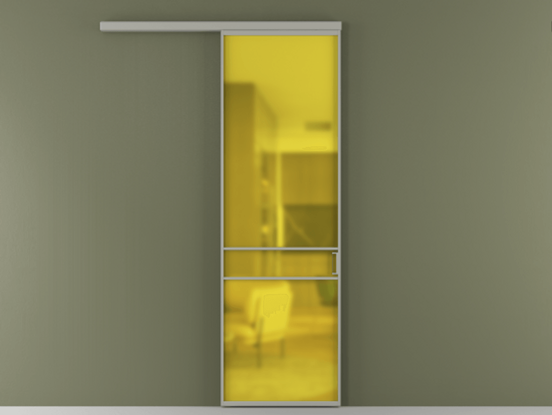 Перегородка Формато вдоль стены 1 створка АЛПР 040.02 Алюминий нейтральный серый Сатинированное жёлтое стекло, триплекс Цена 801965 ₸  | Volhovec