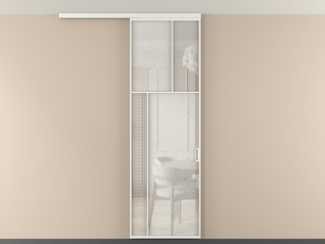 Перегородка Мозаик вдоль стены на потолок 1 створка АЛПР 041.22 Алюминий светло-серый Рифлёное стекло "Дюна", триплекс, 6 мм + Фактурное стекло "Лёд", триплекс Цена 1081382 ₸ | Volhovec