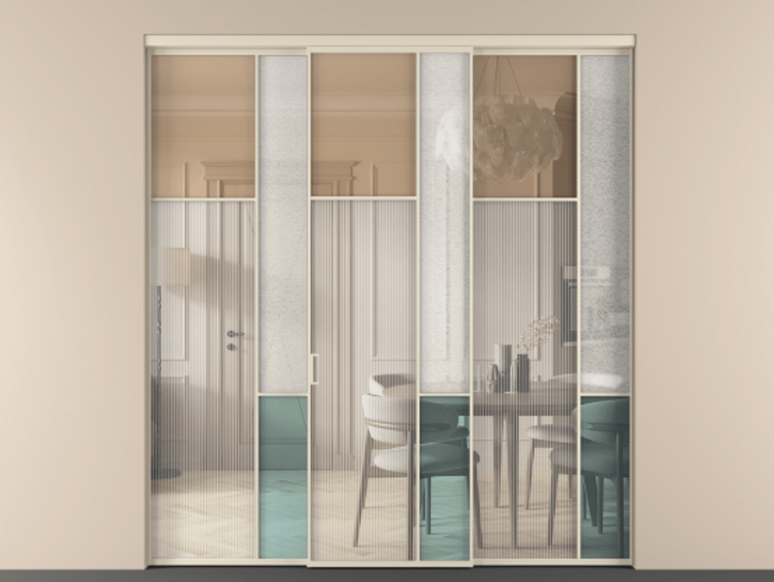 Перегородка Mosaic внутри проёма 3 створки АЛПР 041.10 Алюминий бежево-серый Комбинация стекол Группы 1 и Группы 3 Цена 2242600 ₸ | Volhovec