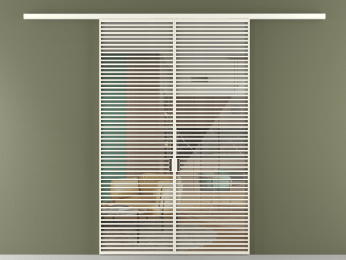 Перегородка Формато вдоль стены 2 створки АЛПР 040.07 Алюминий жемчужный Рефлективное прозрачное стекло "Стопсол", калёное Цена 3364200 ₸ | Volhovec