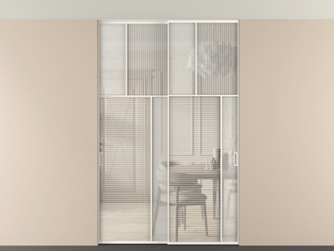 Перегородка Mosaic внутри проёма скрытое крепление в потолок 2 створки АЛПР 041.23 Алюминий пудровый белый Рифлёное стекло "Дюна", триплекс, 6 мм + Фактурное стекло "Лёд", триплекс Цена 2574785 ₸ | Volhovec