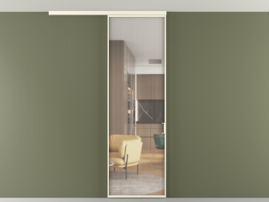 Перегородка Формато вдоль стены на потолок 1 створка АЛПР 040.01 Алюминий молочно-белый Рифлёное стекло "Мору", триплекс Цена 775928 ₸ | Volhovec